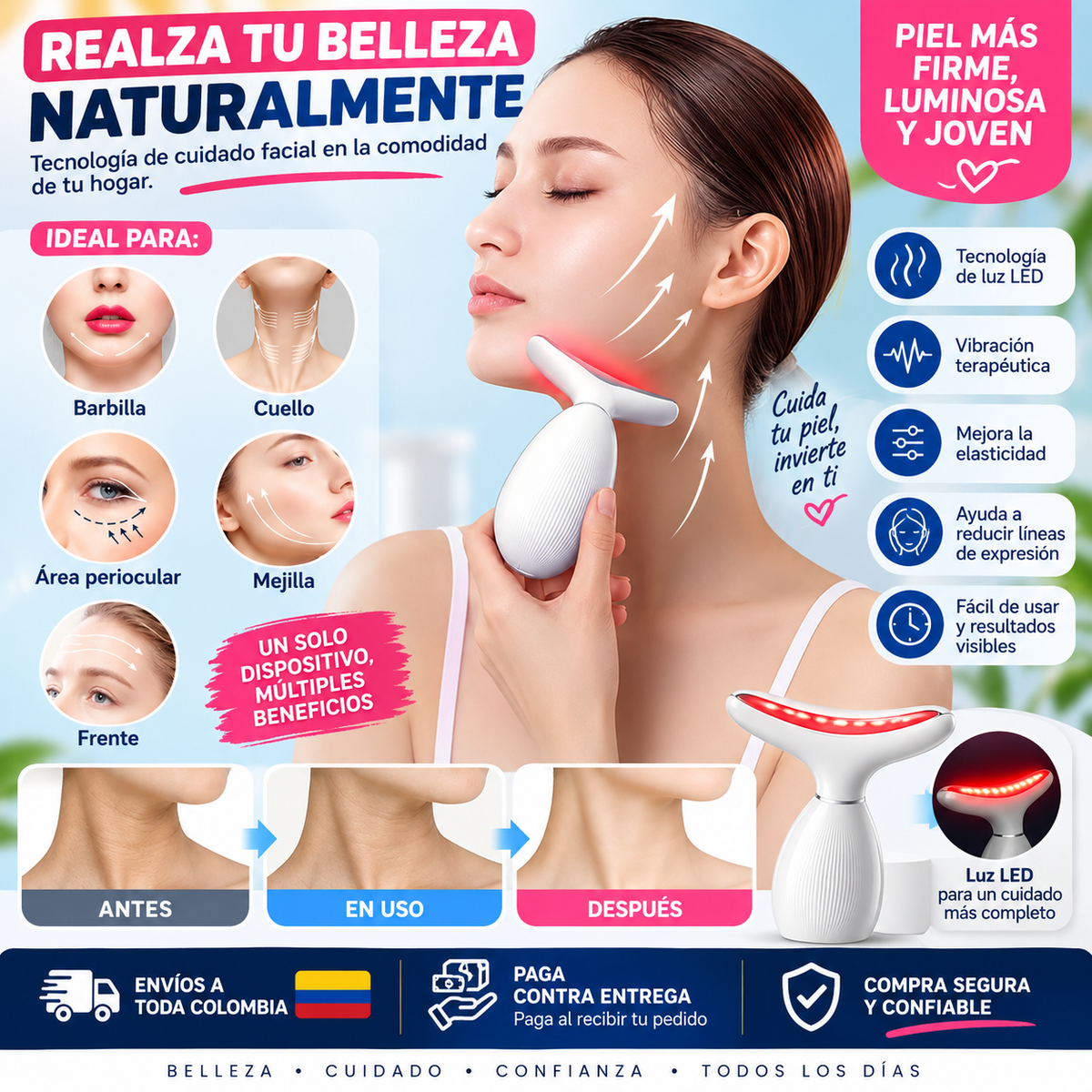 Masajeador Facial Multifunción — Antienvejecimiento con Luz LED y Calor