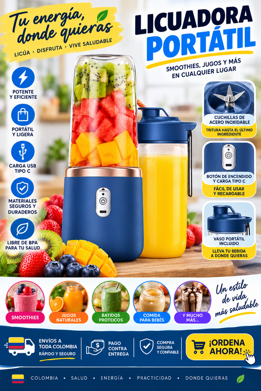 Licuadora Portátil con Vaso — Batidos Frescos Donde Quieras
